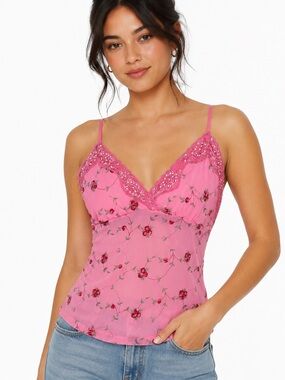 FUNKADLIC Pink Rosebud Floral Lace Pearl Trim Cami Spaghetti Strap Top L